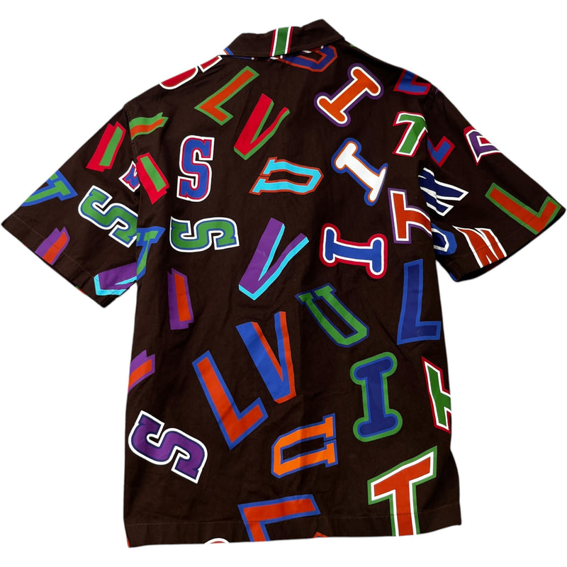 Men's X Nba Basketball Letters Button Up Short Sleeve Shirt Brown Size M