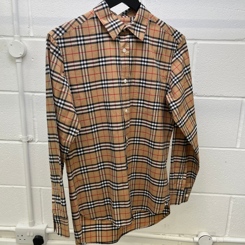 Men's Check Print Long Sleeve Shirt Beige Size S