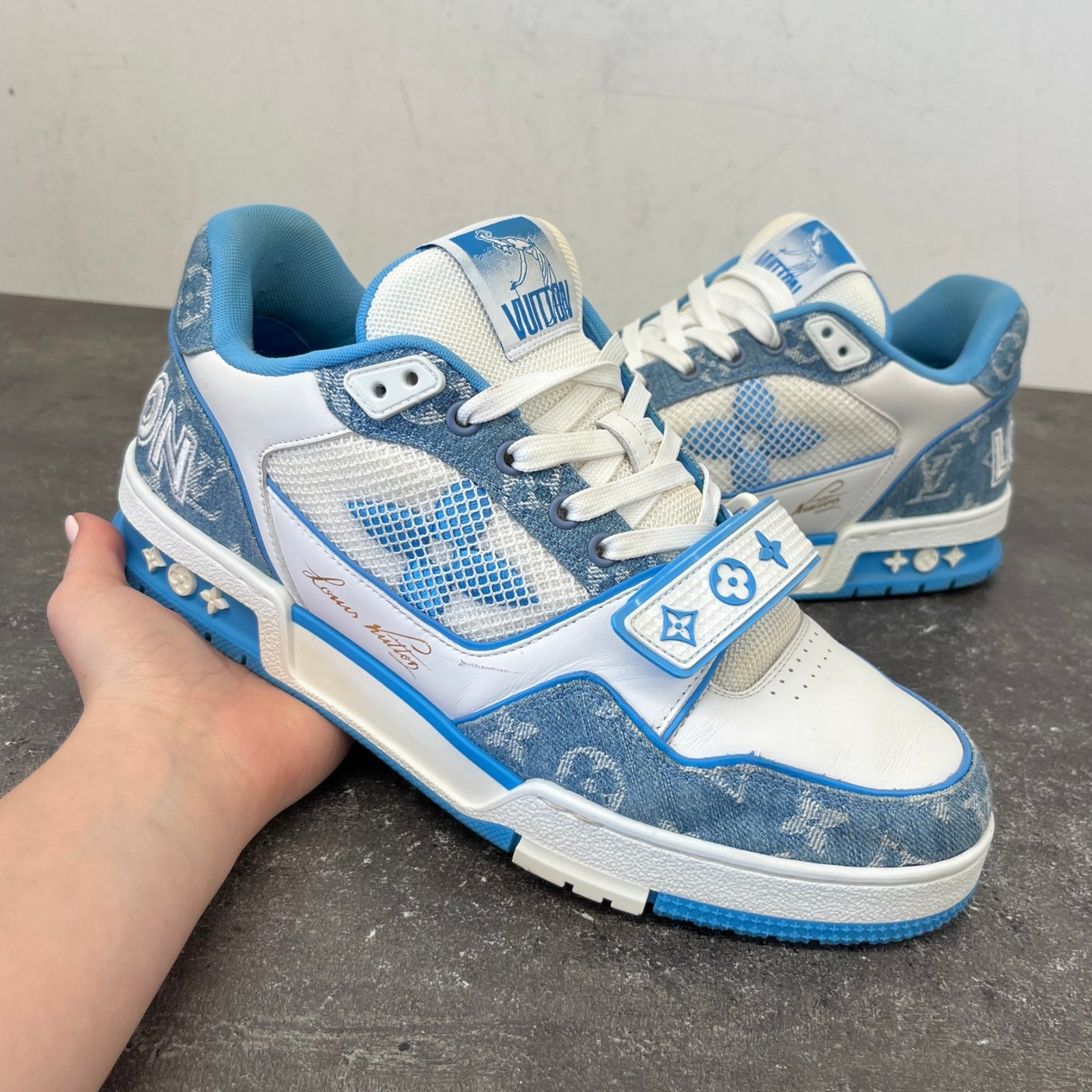 Men's Denim Monogram Lv Low Trainers Blue Size EU 42 / UK 8 - Photo 12