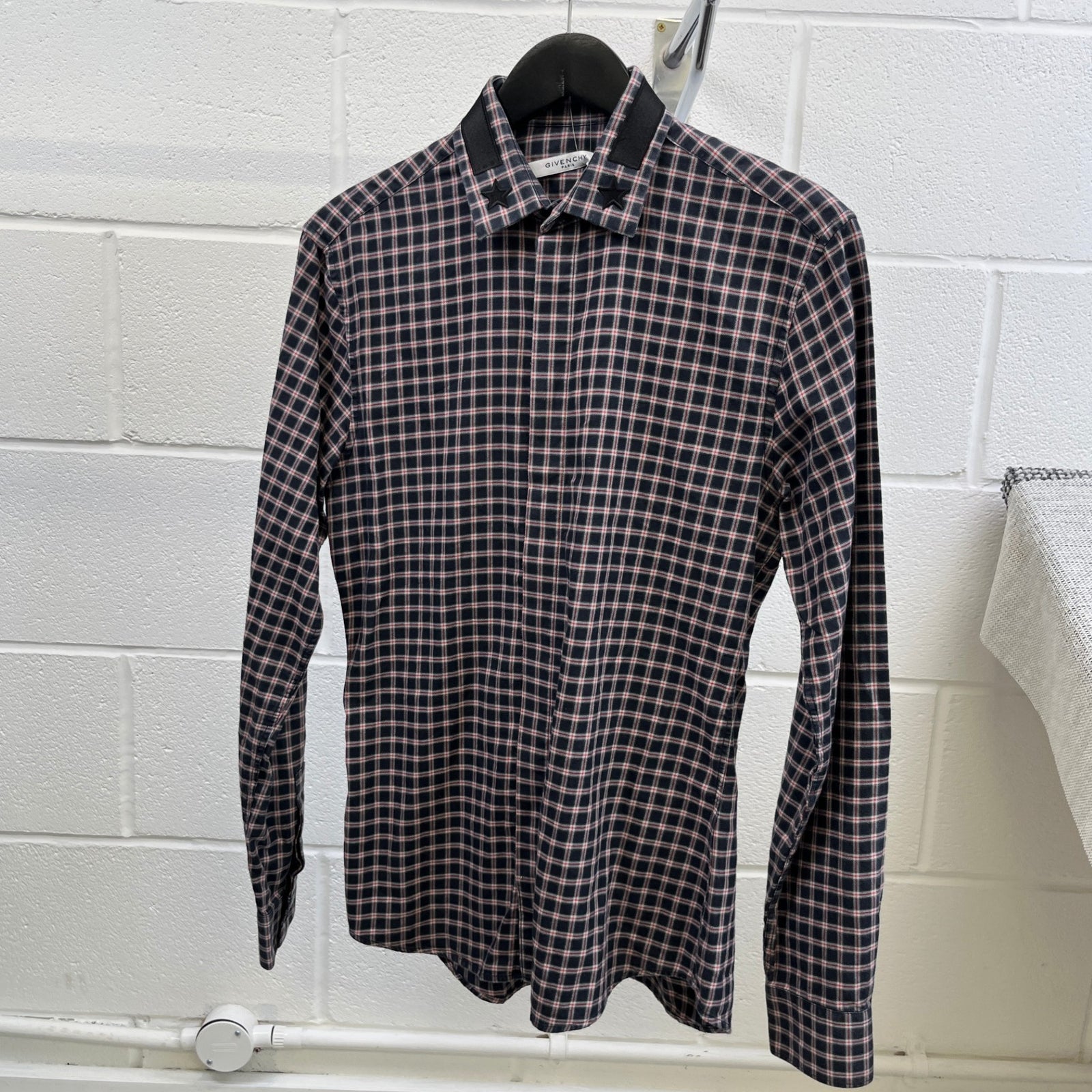 Men's Embroidered Logo Collar Check Long Sleeve Shirt Navy Size S - Photo 15