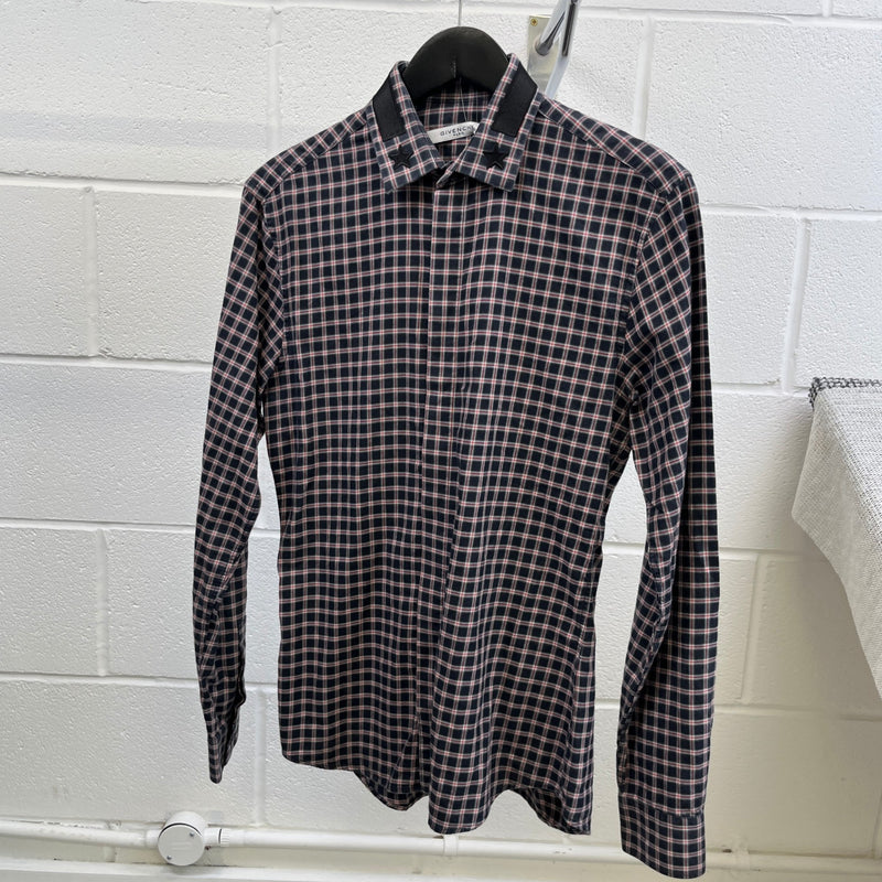 Men's Embroidered Logo Collar Check Long Sleeve Shirt Navy Size S