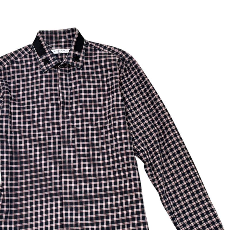 Men's Embroidered Logo Collar Check Long Sleeve Shirt Navy Size S