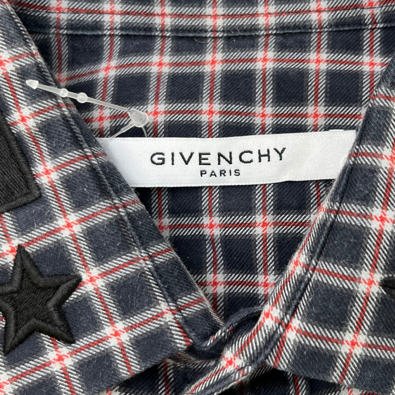 Men's Embroidered Logo Collar Check Long Sleeve Shirt Navy Size S