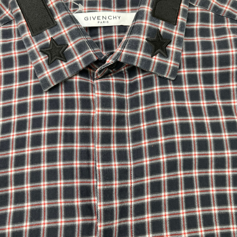 Men's Embroidered Logo Collar Check Long Sleeve Shirt Navy Size S