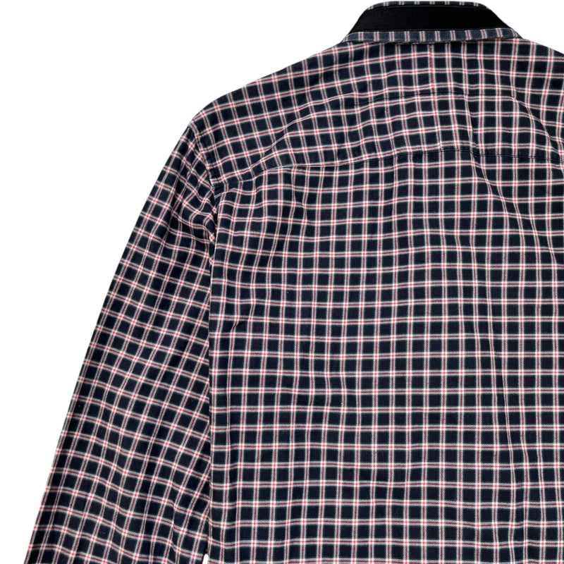 Men's Embroidered Logo Collar Check Long Sleeve Shirt Navy Size S