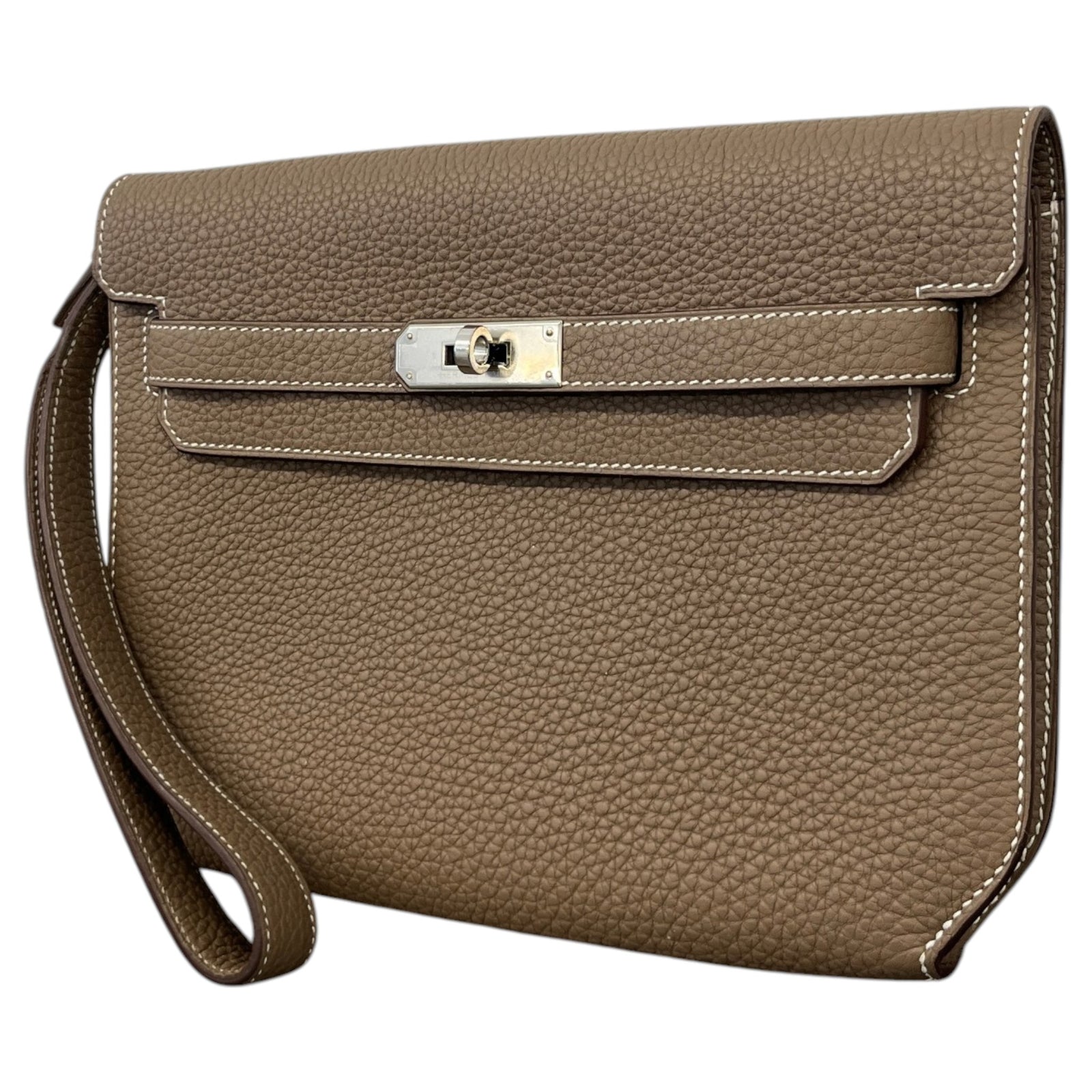 Men's Togo Calfskin Kelly Dépêches 25 Étoupe Pouch Beige - Photo 4
