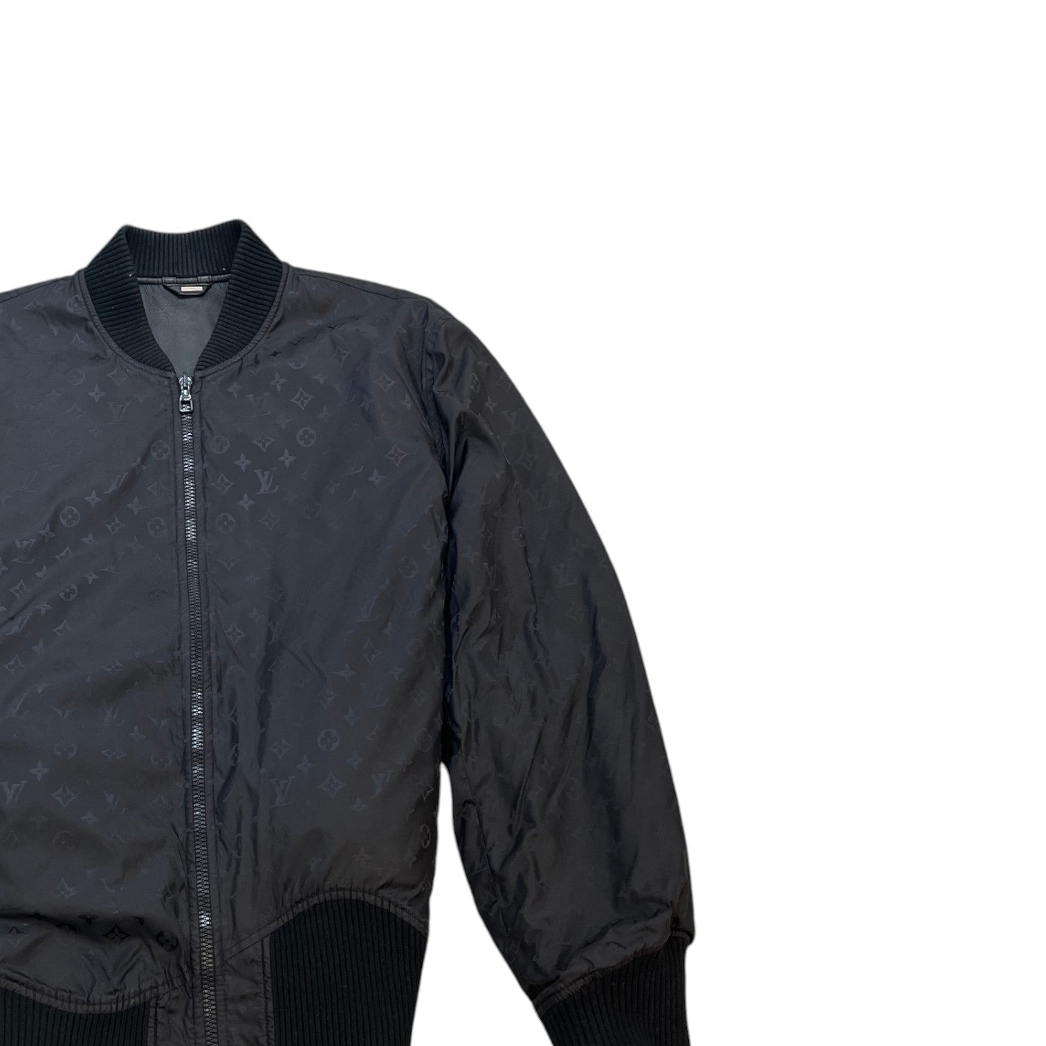 Men's Leather/Monogram Reversible Bomber Jacket Black Size M - Photo 5
