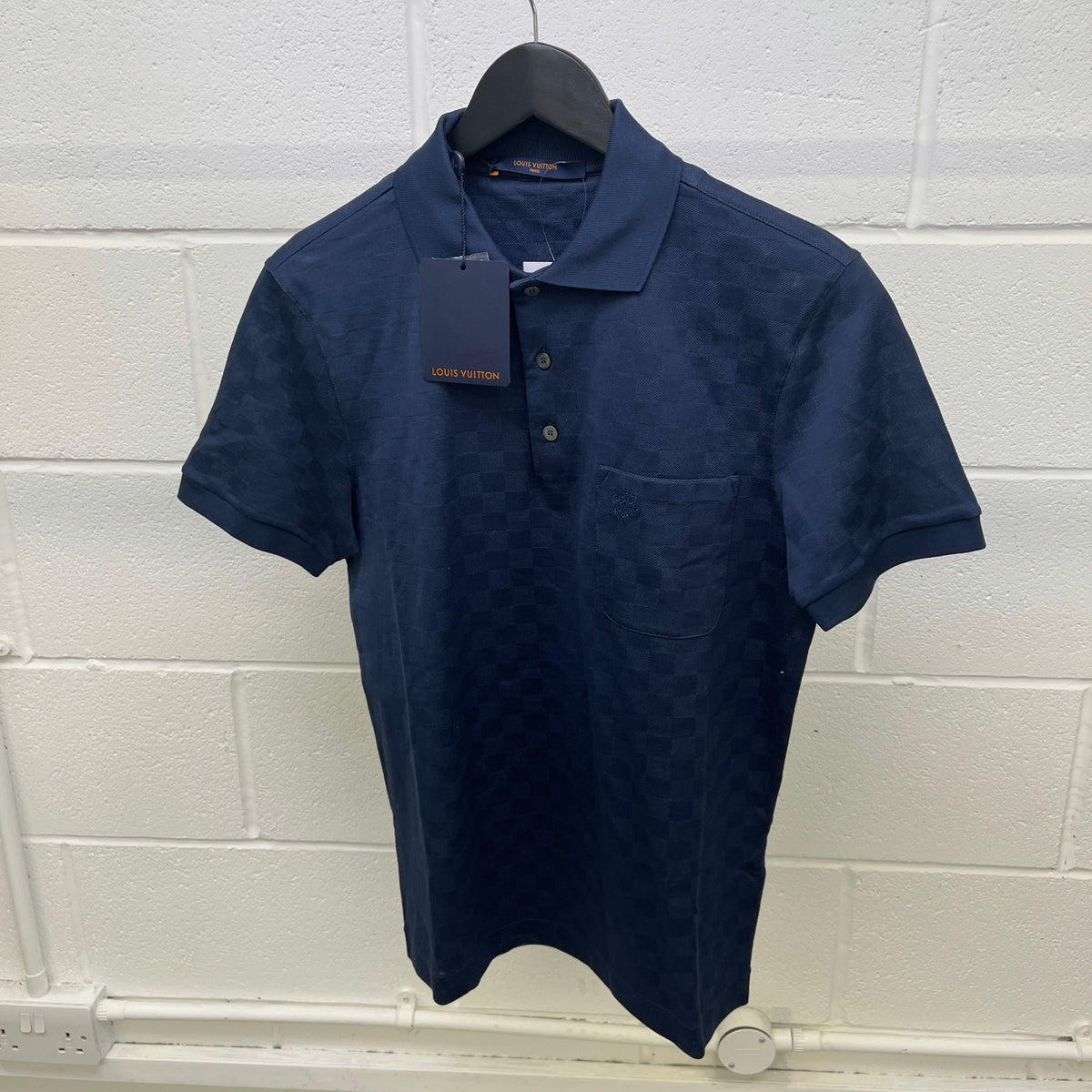 Men's Damier Pocket Logo Polo Shirt Navy Size XS - Photo 7