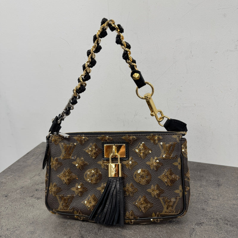 Women's Sequin Monogram Pochette Accessories Handbag Brown