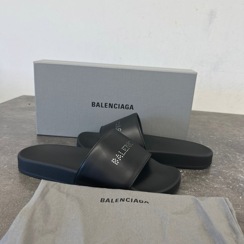 Women's Rhinestone Logo Pool Slides Black Size UK 7 / EU 40
