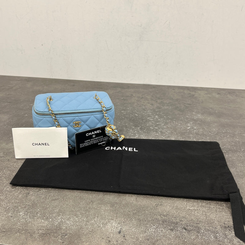 Women's Lambskin Quilted Small Pear Crush Vanity Bag Blue