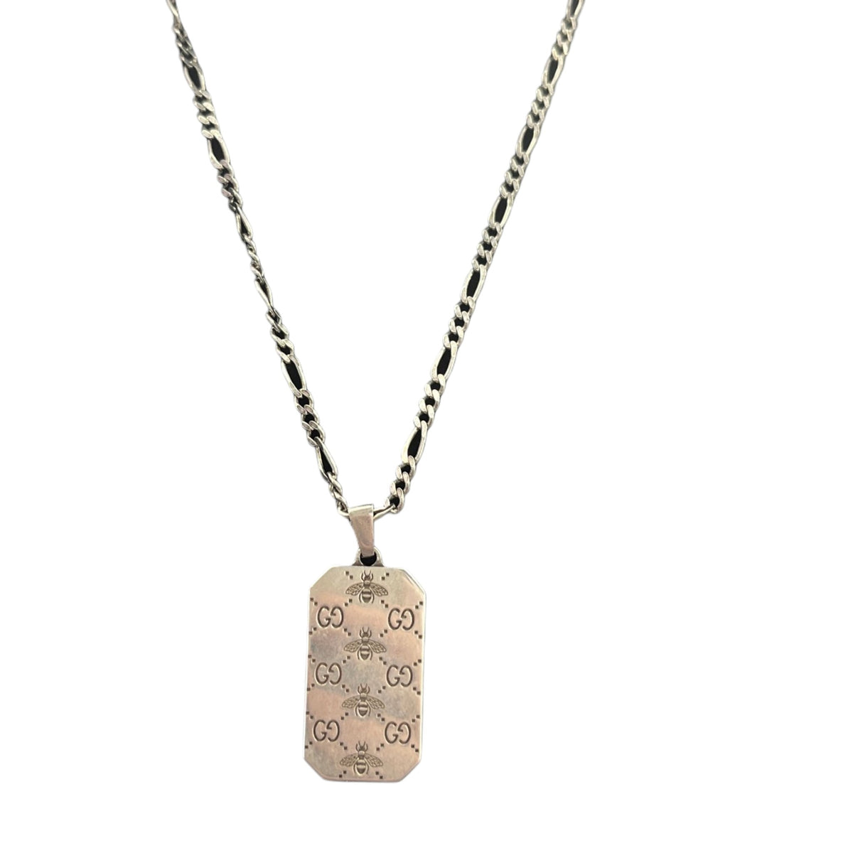 Men's GG Signature Bee Dog Tag Necklace Silver - Photo 1