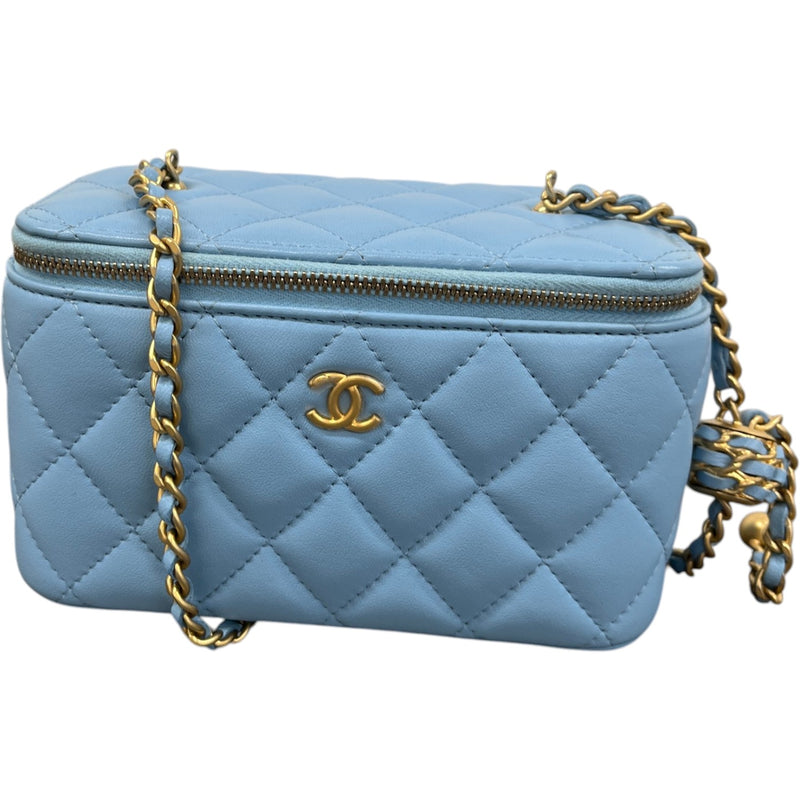 Women's Lambskin Quilted Small Pear Crush Vanity Bag Blue