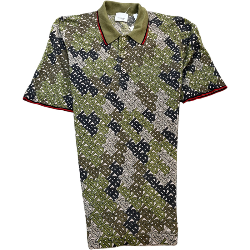 Men's Monogram Print Tipped Merino Polo Shirt Khaki Size M