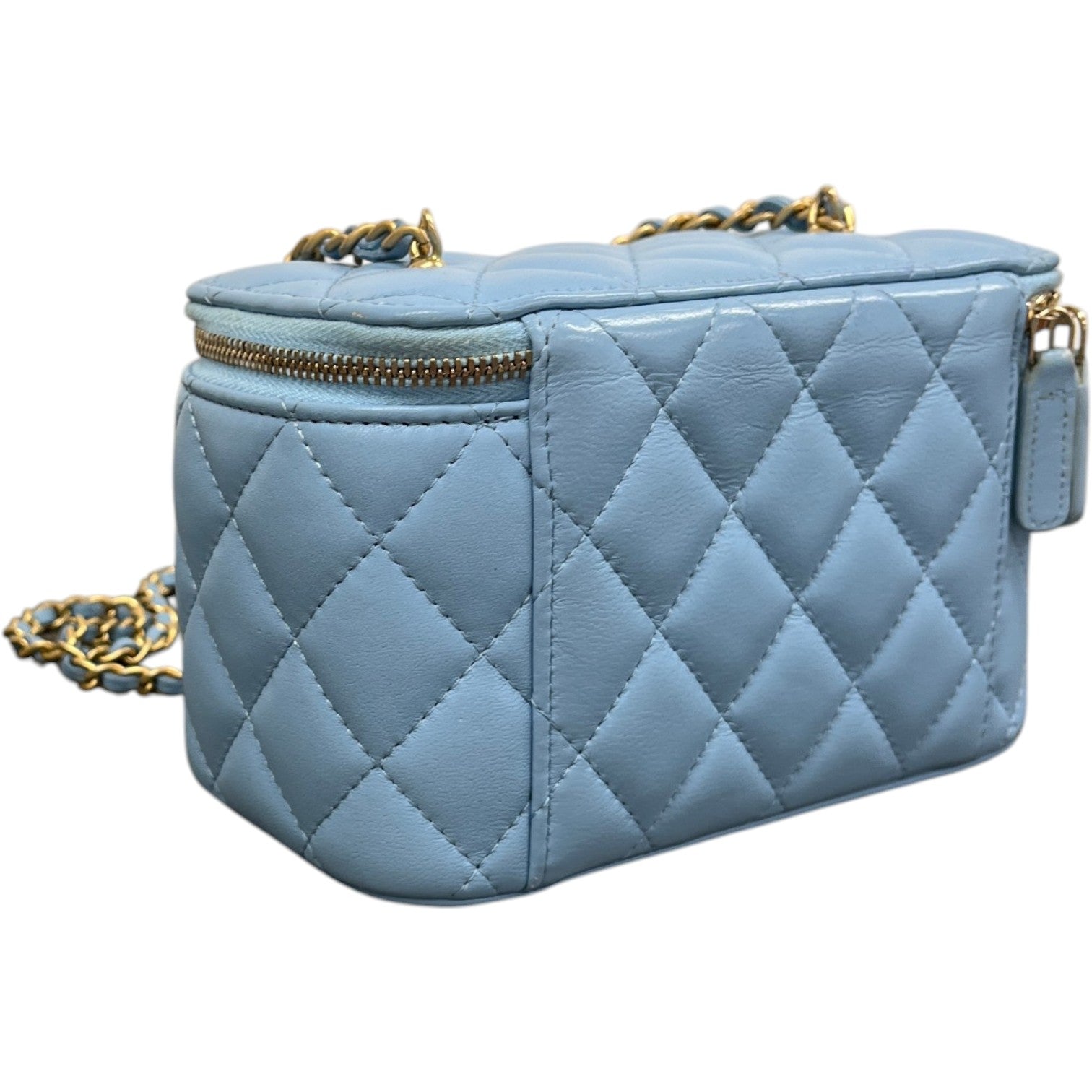 Women's Lambskin Quilted Small Pear Crush Vanity Bag Blue - Photo 7