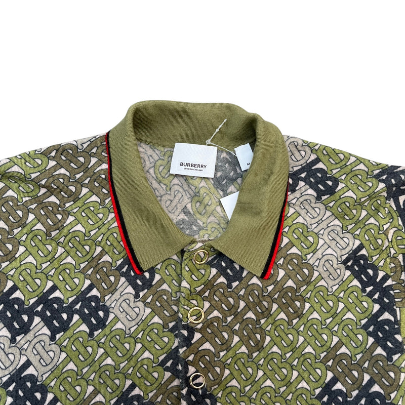 Men's Monogram Print Tipped Merino Polo Shirt Khaki Size M