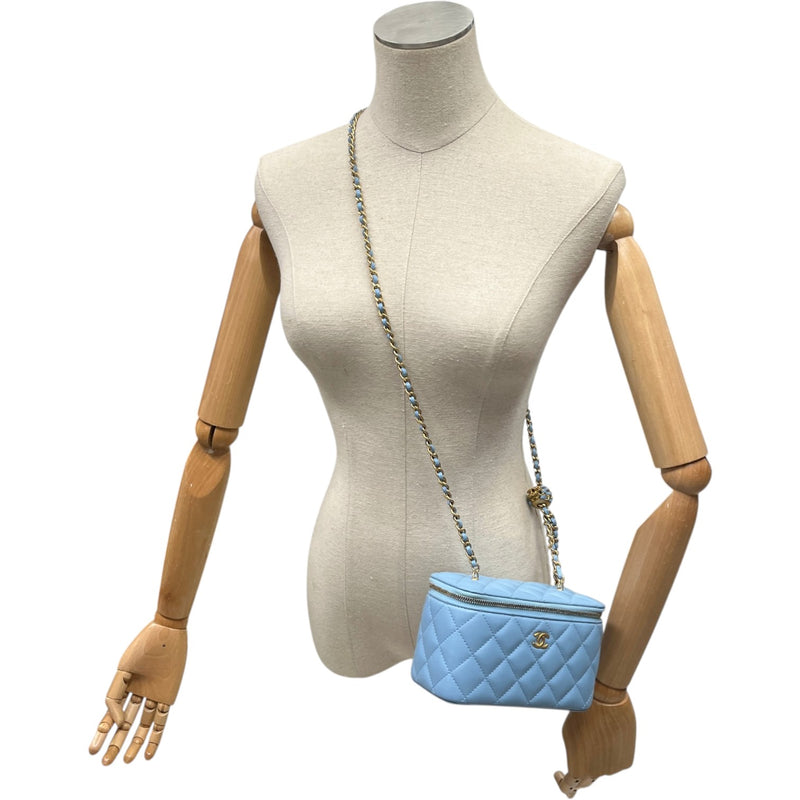 Women's Lambskin Quilted Small Pear Crush Vanity Bag Blue