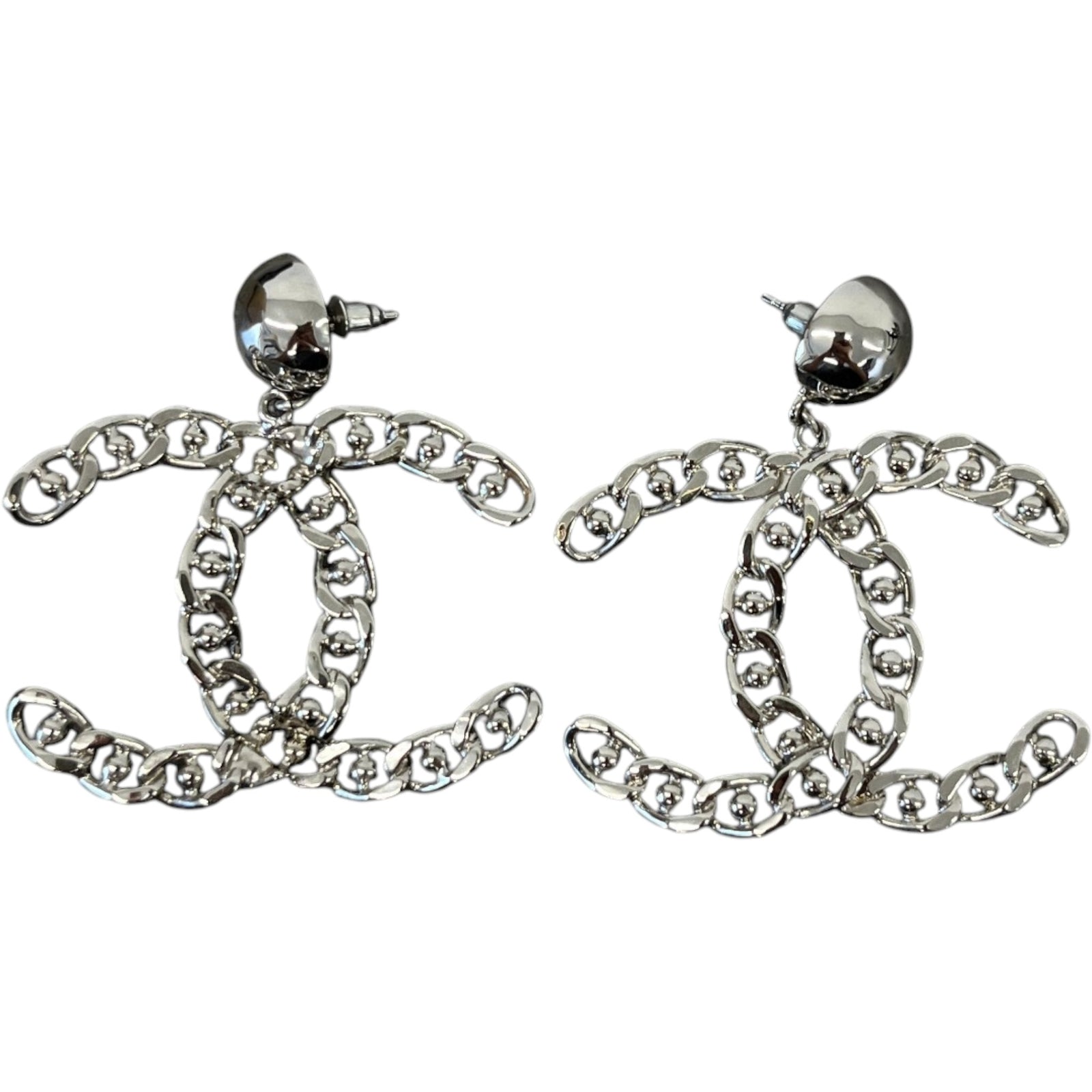 Women's 22A Cc Chain Chained Stud Large Drop Earrings Silver - Photo 3