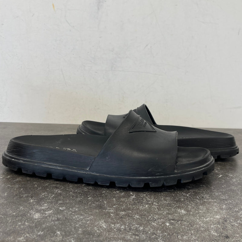 Men's Prada Triangle Logo Pool Slides Black Size UK 9 / EU 43