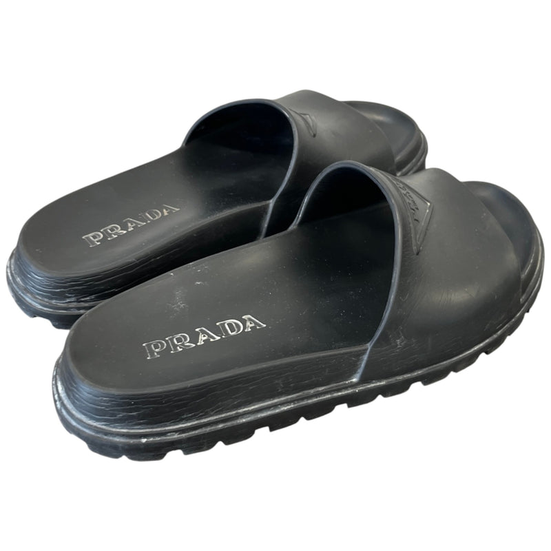 Men's Prada Triangle Logo Pool Slides Black Size UK 9 / EU 43