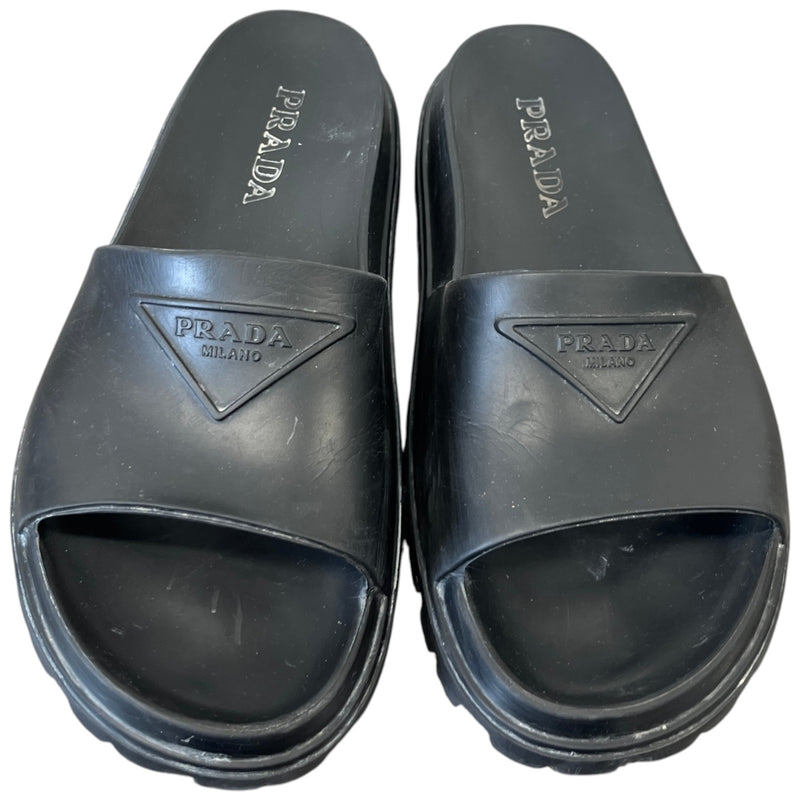 Men's Prada Triangle Logo Pool Slides Black Size UK 9 / EU 43