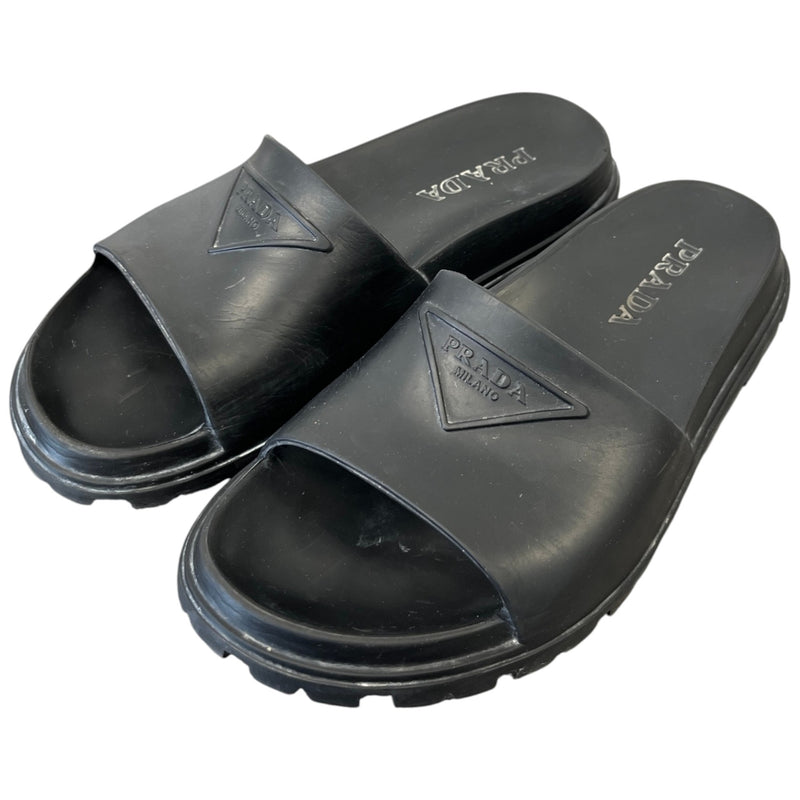 Men's Prada Triangle Logo Pool Slides Black Size UK 9 / EU 43