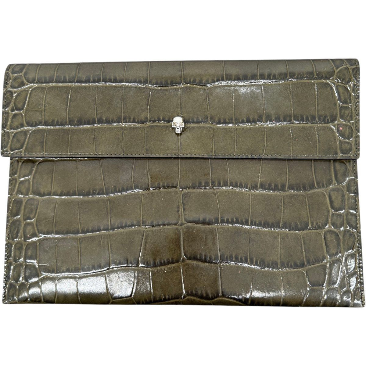 Women's Croc Print Skull Logo Clutch Green - Photo 1