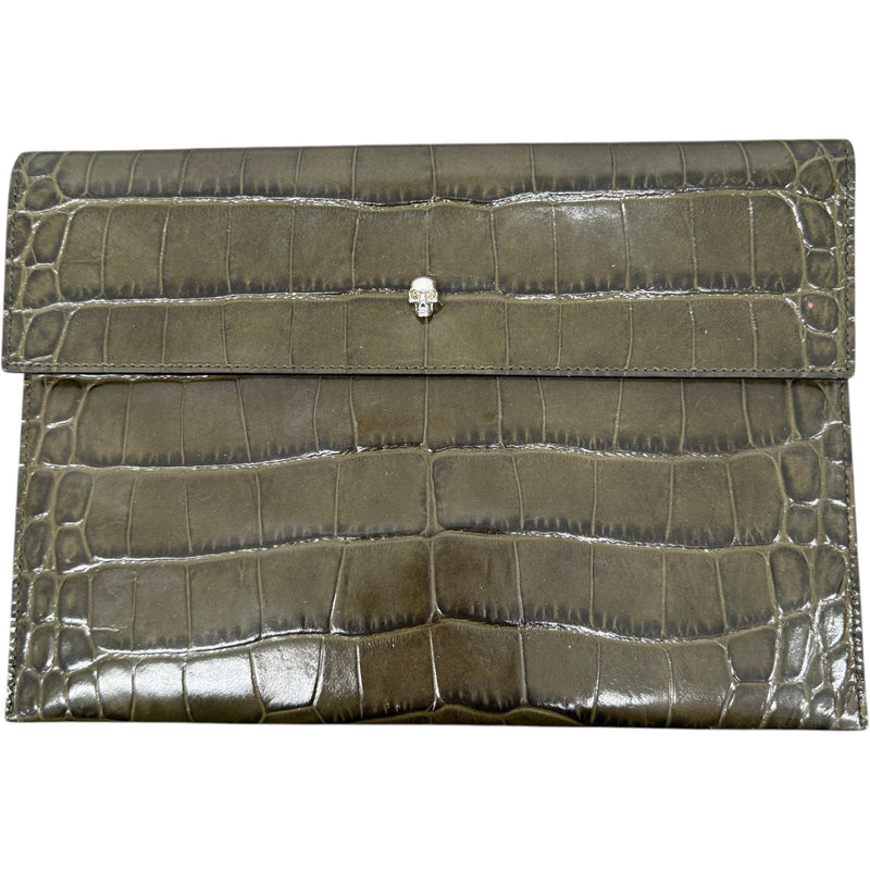 Women's Croc Print Skull Logo Clutch Green