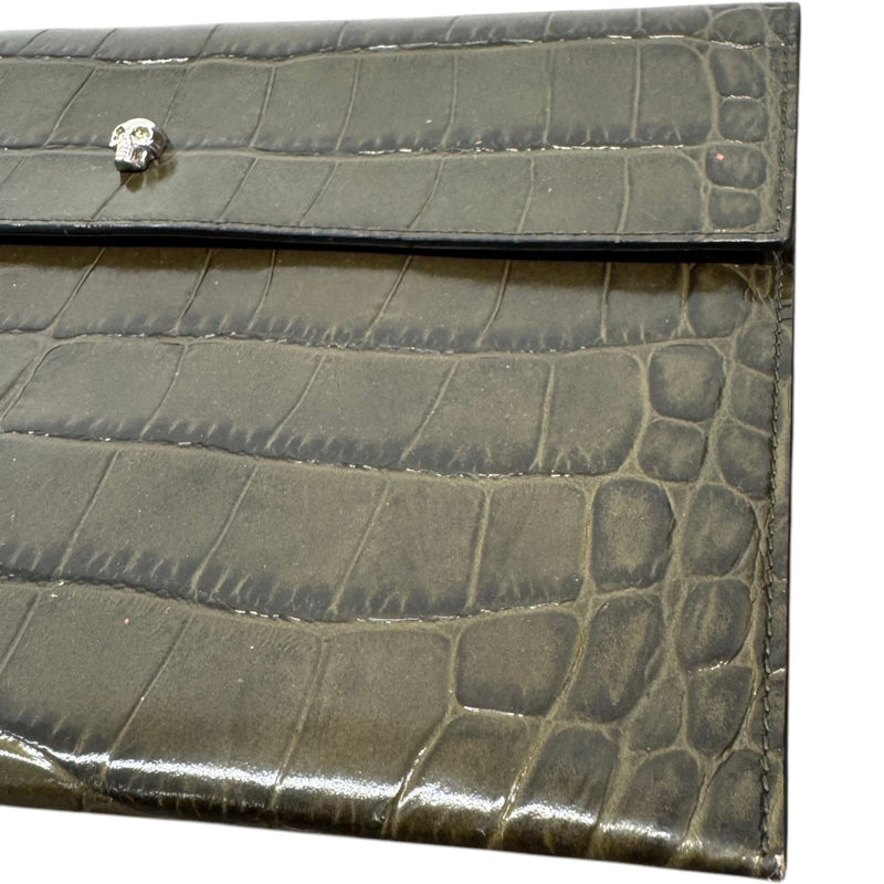 Women's Croc Print Skull Logo Clutch Green