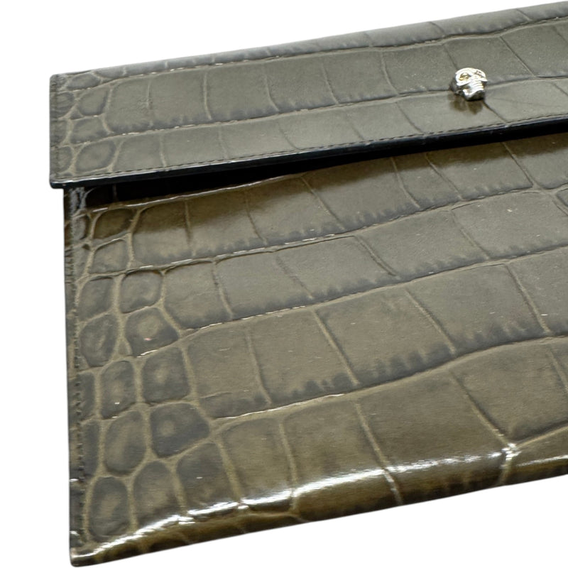 Women's Croc Print Skull Logo Clutch Green