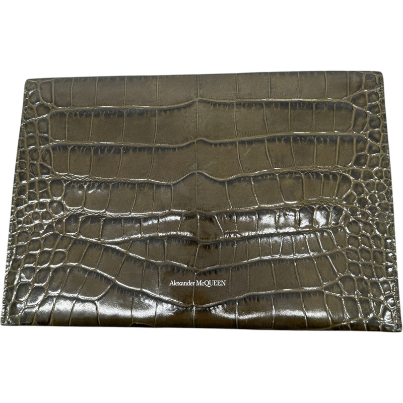 Women's Croc Print Skull Logo Clutch Green