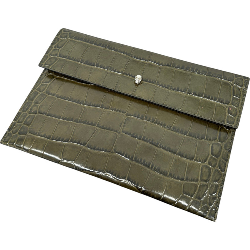Women's Croc Print Skull Logo Clutch Green