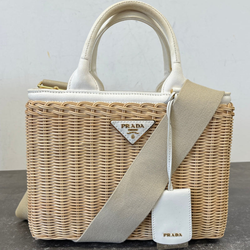 Women's Medium Wicker Linen Blend Plaque Logo Handbag Beige