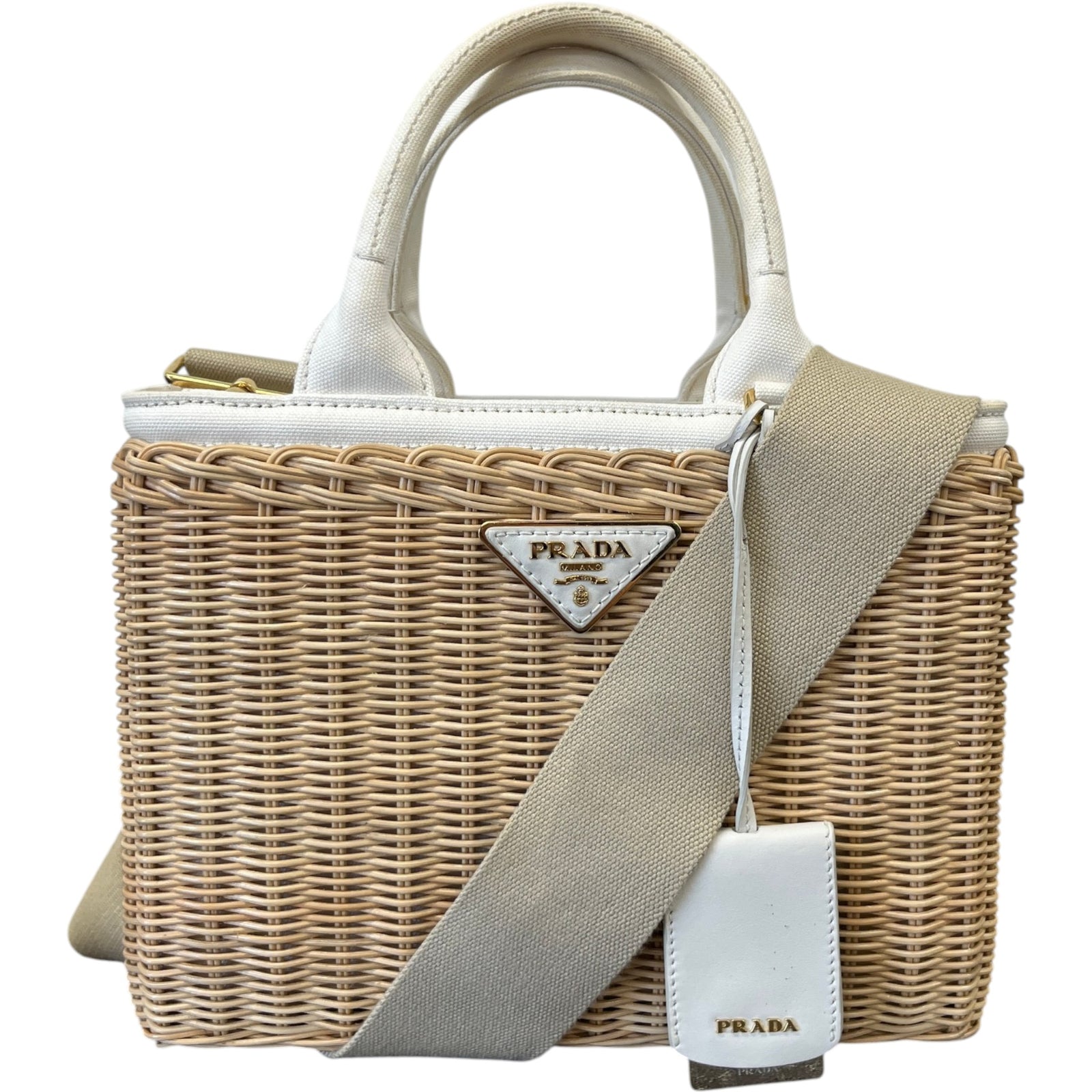 Women's Medium Wicker Linen Blend Plaque Logo Handbag Beige - Photo 1