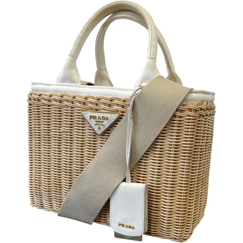 Women's Medium Wicker Linen Blend Plaque Logo Handbag Beige