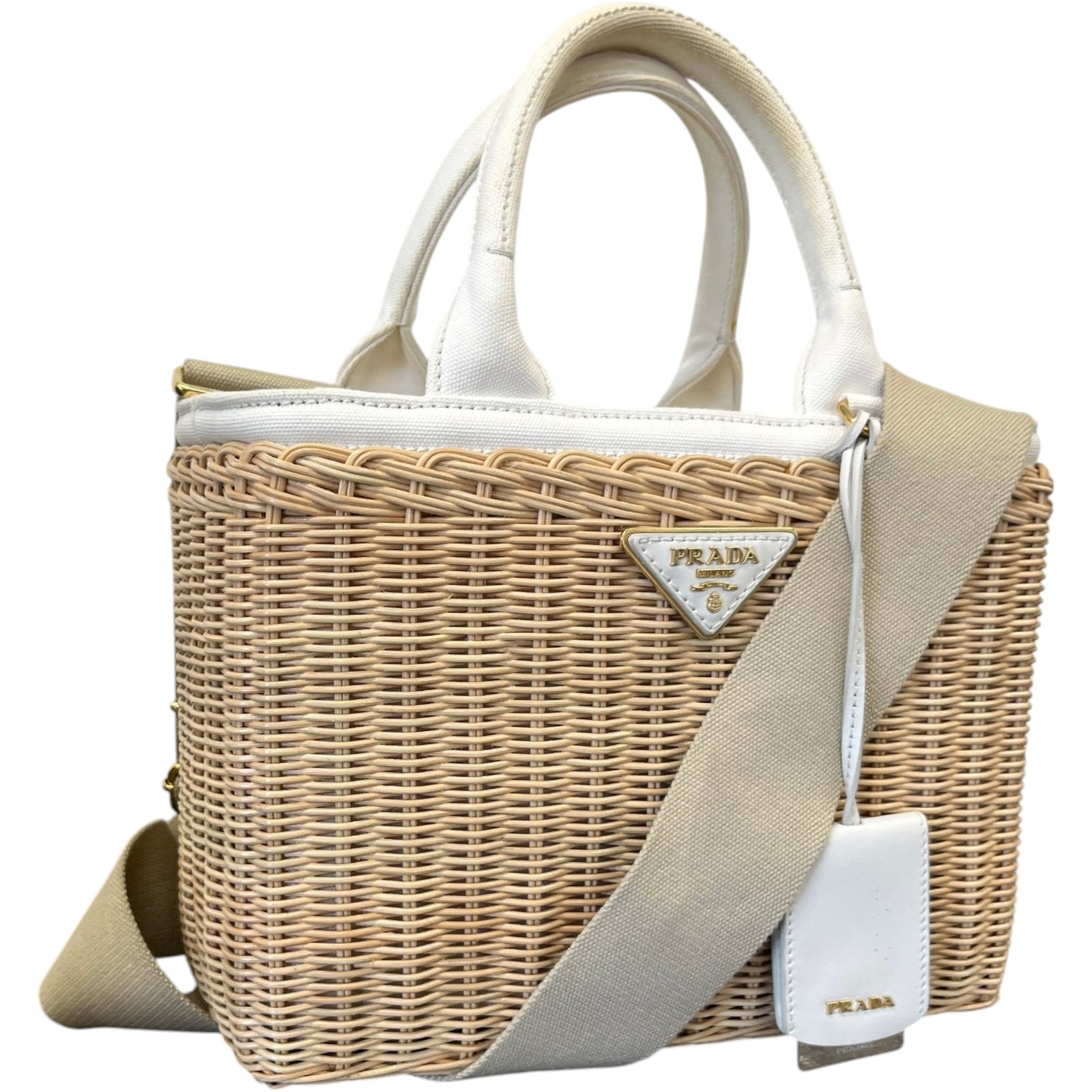 Women's Medium Wicker Linen Blend Plaque Logo Handbag Beige - Photo 4