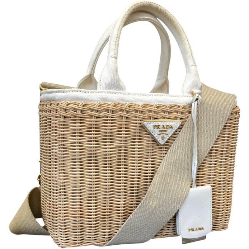 Women's Medium Wicker Linen Blend Plaque Logo Handbag Beige