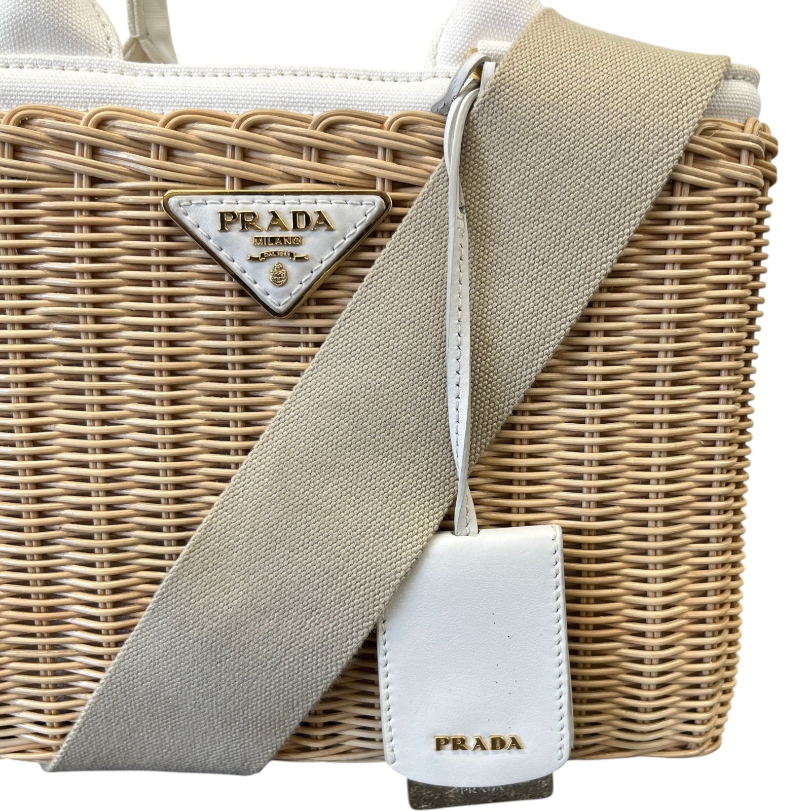 Women's Medium Wicker Linen Blend Plaque Logo Handbag Beige - Photo 10