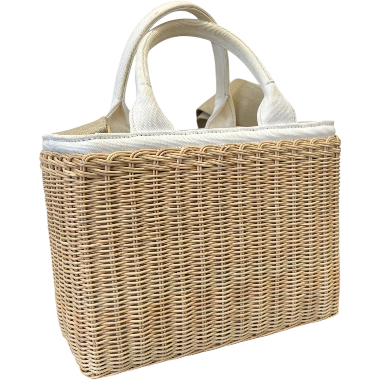 Women's Medium Wicker Linen Blend Plaque Logo Handbag Beige - Photo 8