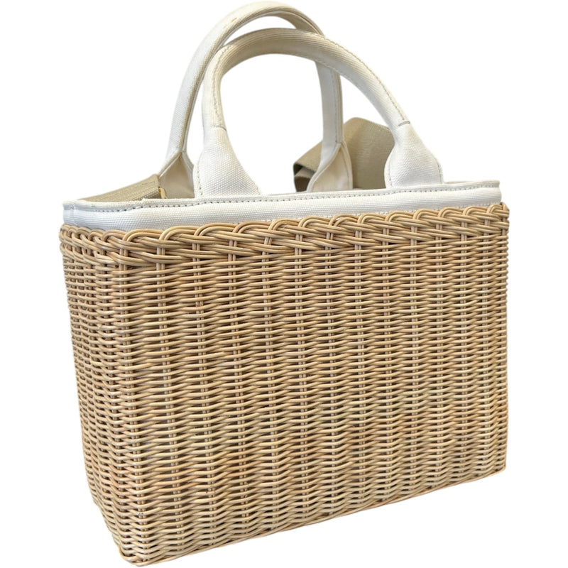 Women's Medium Wicker Linen Blend Plaque Logo Handbag Beige