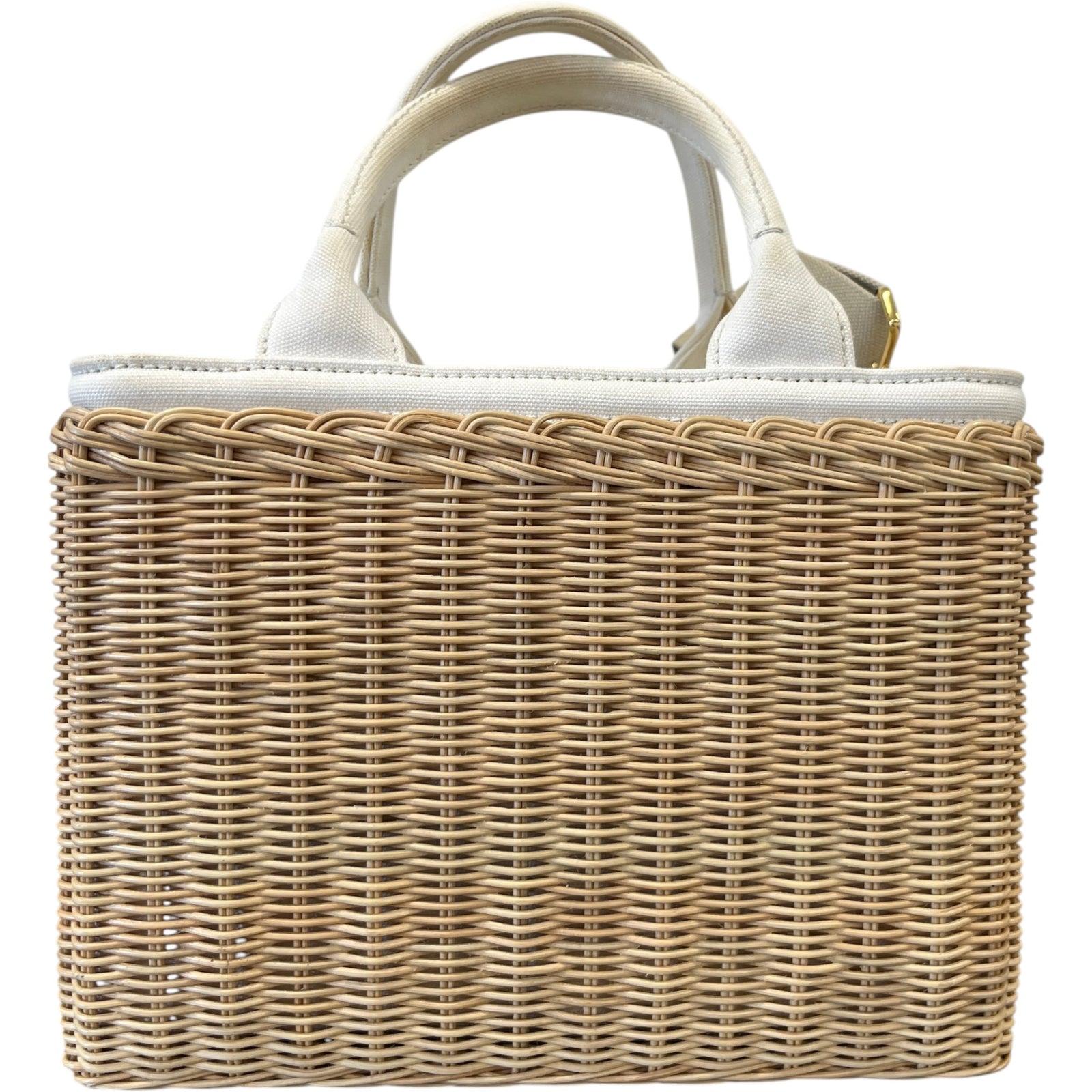Women's Medium Wicker Linen Blend Plaque Logo Handbag Beige - Photo 3