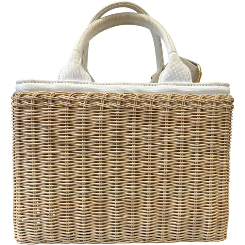 Women's Medium Wicker Linen Blend Plaque Logo Handbag Beige