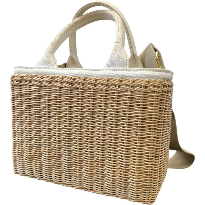 Women's Medium Wicker Linen Blend Plaque Logo Handbag Beige