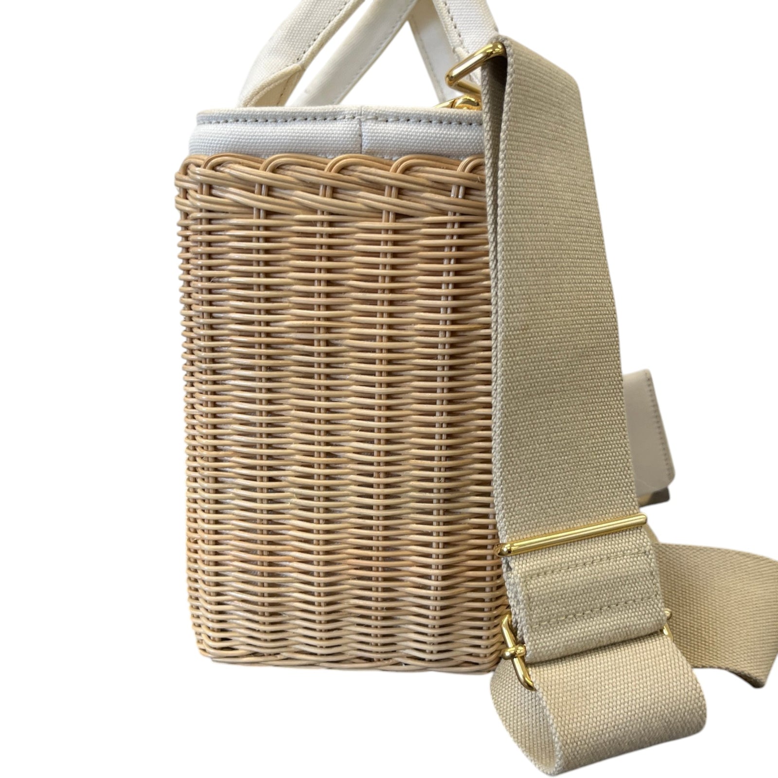 Women's Medium Wicker Linen Blend Plaque Logo Handbag Beige - Photo 6