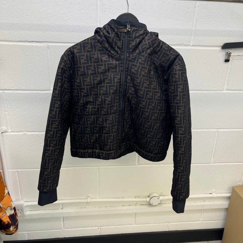 Women's FF Logo Cropped Down Jacket Brown Size L / UK 12