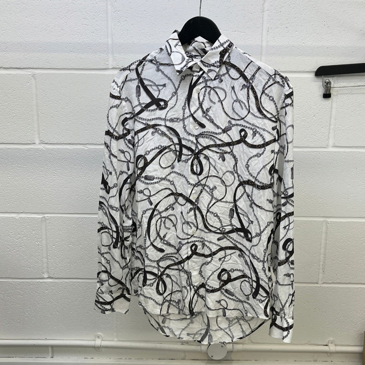 Men's Monogram Chain Belt Print Long Sleeve Shirt White Size S - Photo 6