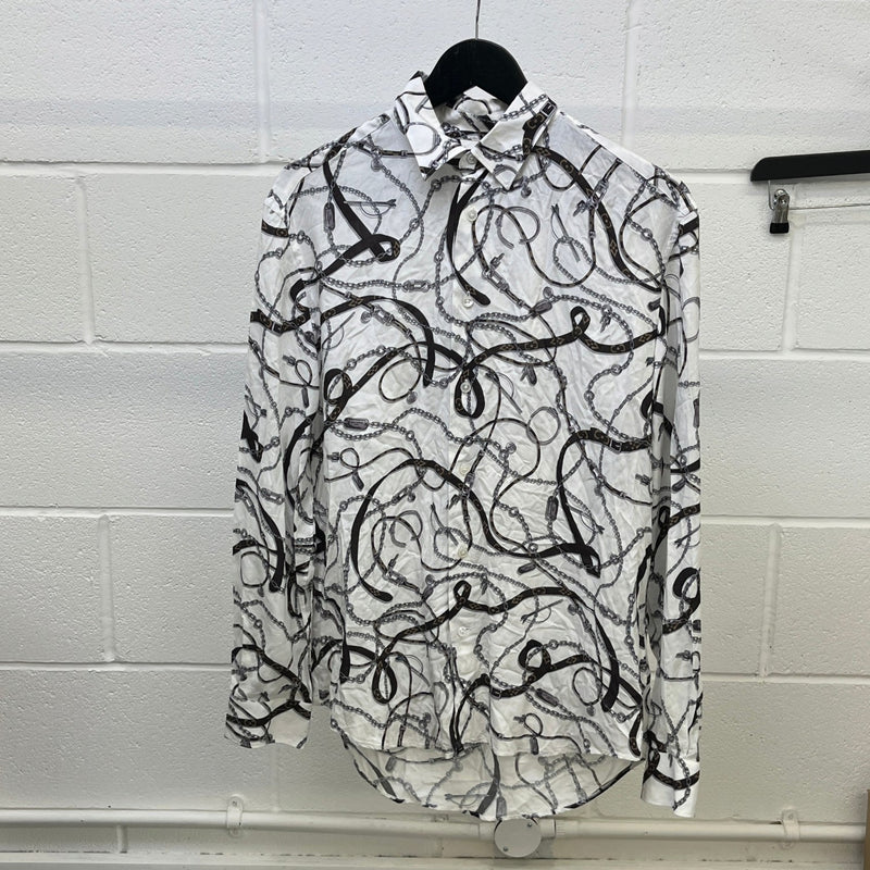 Men's Monogram Chain Belt Print Long Sleeve Shirt White Size S
