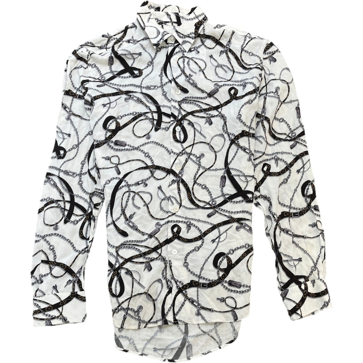 Men's Monogram Chain Belt Print Long Sleeve Shirt White Size S - Photo 1