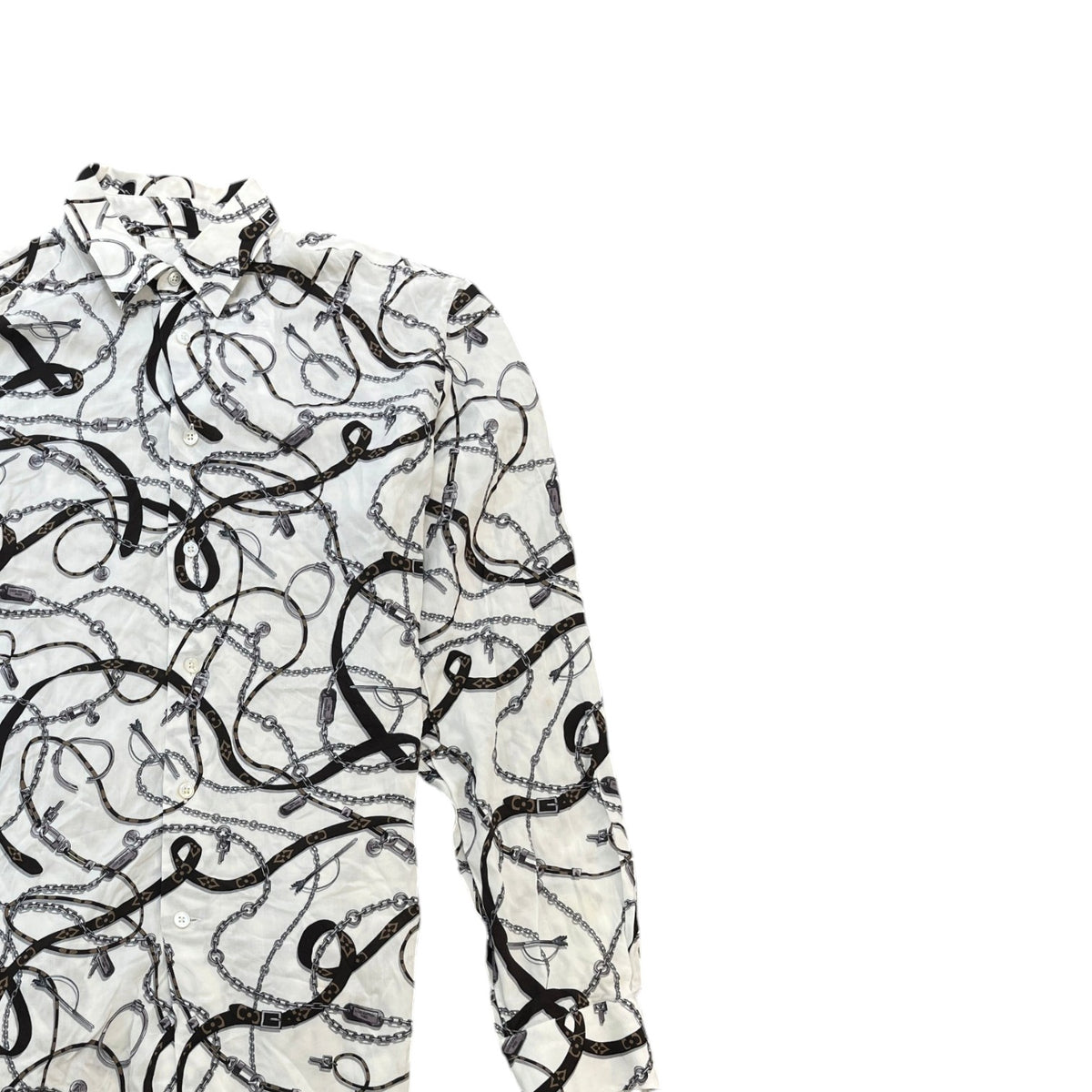 Men's Monogram Chain Belt Print Long Sleeve Shirt White Size S - Photo 3