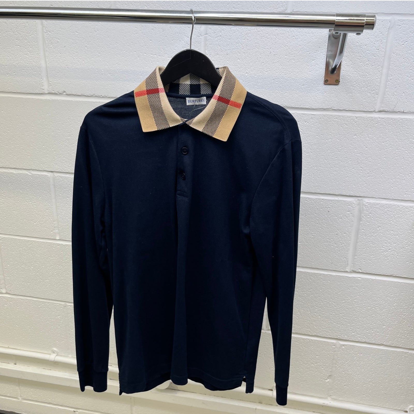 Men's Check Collar Polo Shirt Navy Size M - Photo 8